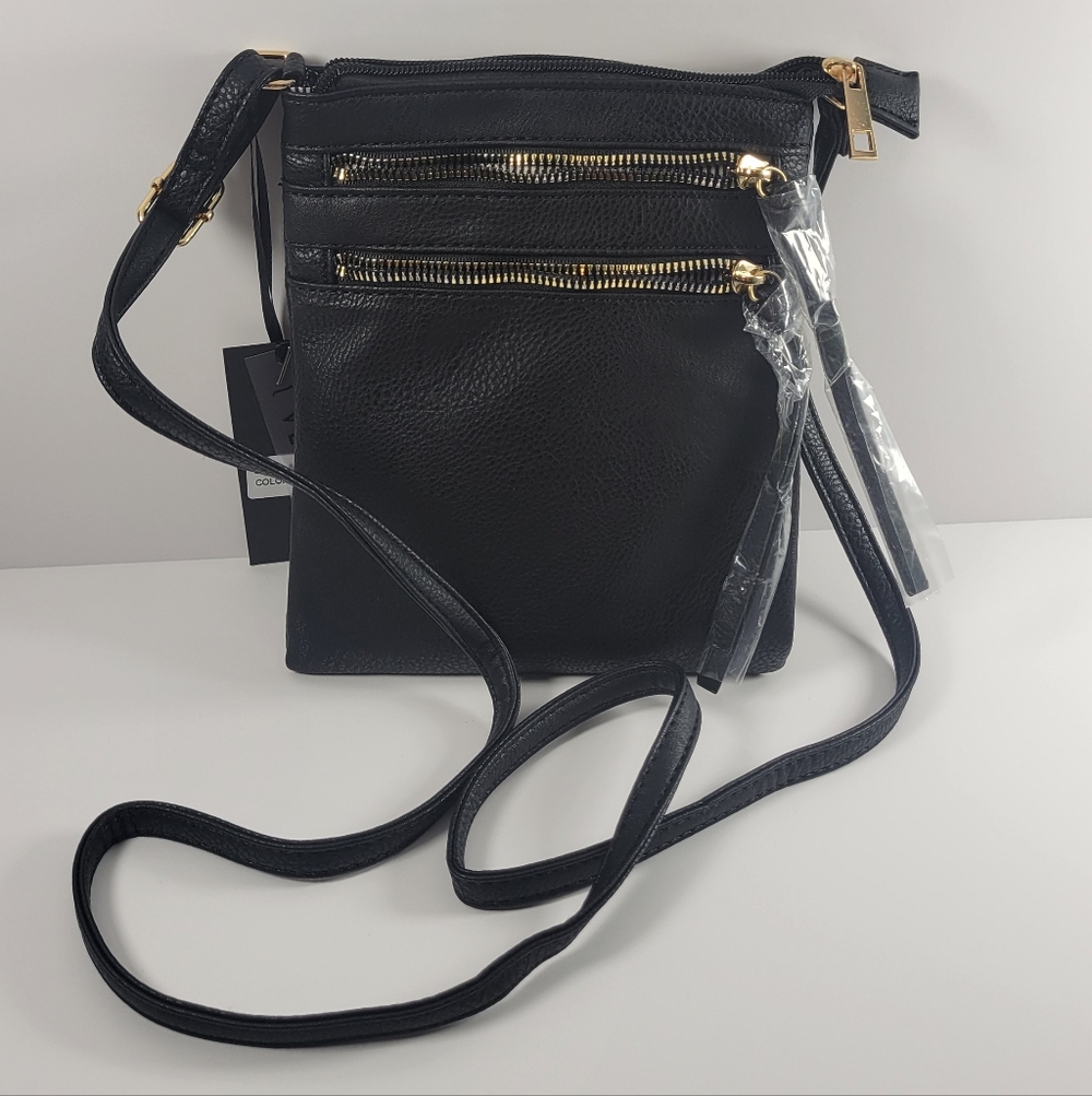 NWT black faux-leather multi-zipper crossbody bag with gold-tone hardware